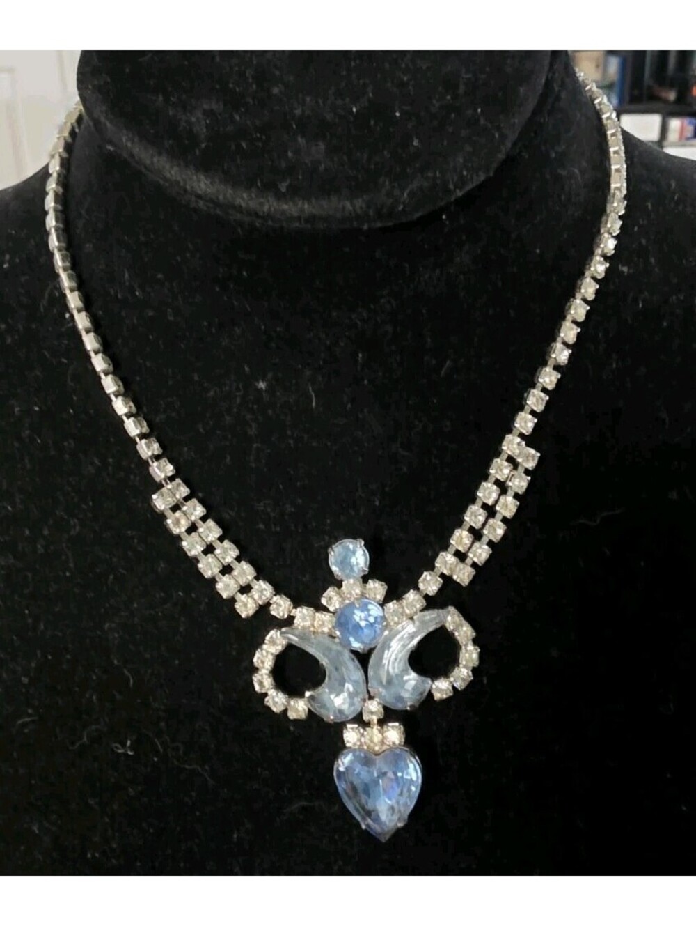 Rare Vintage Silvertone aqua rhinestones, Necklace Butterfly Fairycore